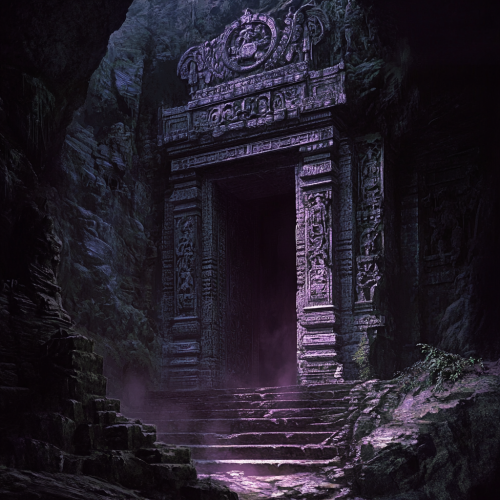 Stone temple in cave with purplish glow, intricate carvings.