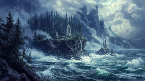 Stormy island with pine forests, mausoleums on icy cliffs. Stormy island with pine forests, mausoleums on icy cliffs.