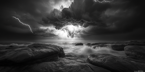Stormy shoreline with rocks, waves, lightning and reflective pools. Stormy shoreline with rocks, waves, lightning and reflective pools.