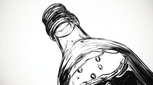Storyboard illustration: drop falls into bottle, dynamic angles.
