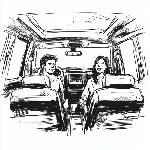 Storyboard sketch of man and woman in SUV smiling.