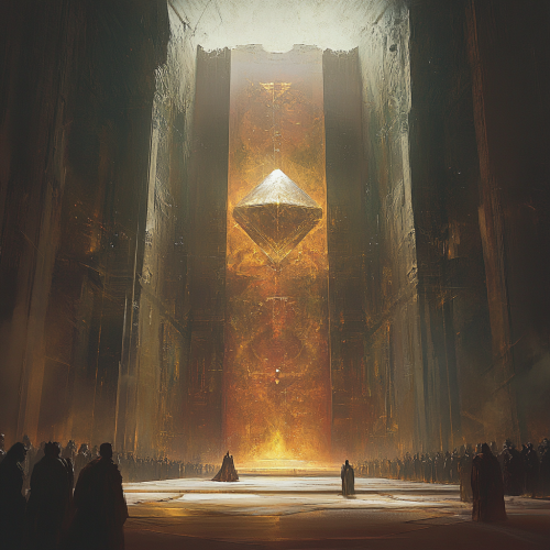 Striking scene with central figure, bold colors, grand mood.