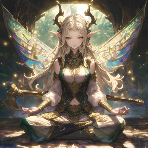 Strong, muscular fairy meditates with huge battle axe.