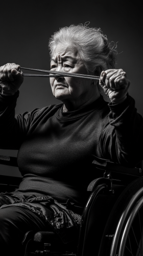 Strong Asian grandma in wheelchair pulls resistance band