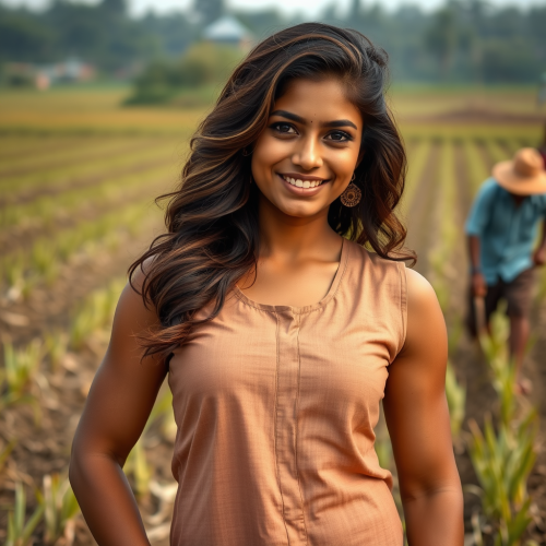 Strong Indian girl smiling in rice field.