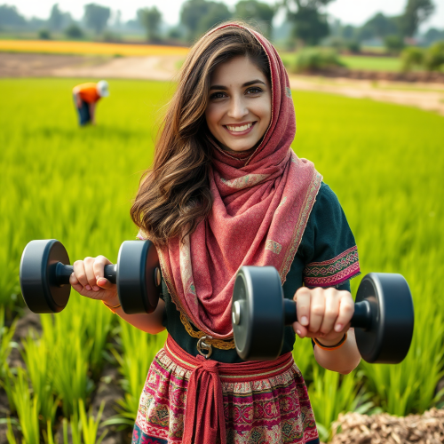 Strong Iranian girl in traditional dress lifting dumbbell.