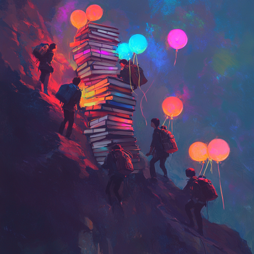 Students climbing steep mountain with heavy piles of books.