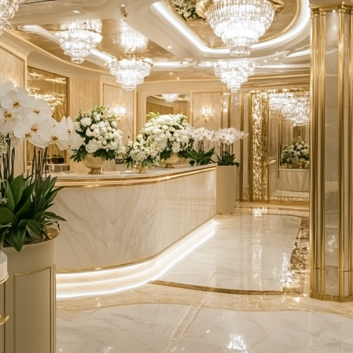 Stunning 8k Hotel Lobby with Crystal Chandeliers