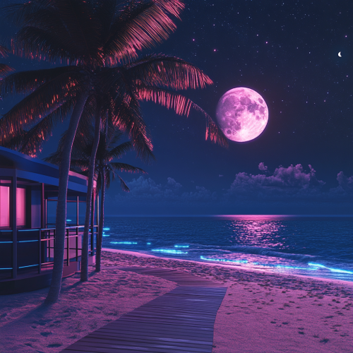 Stunning Night View of Miami Beach, Full Moon