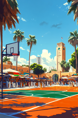 Stunning minimalist realism illustration of Kuwaiti basketball court.