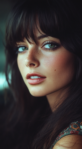 Stunning woman's face in 1970s, realistic high contrast.