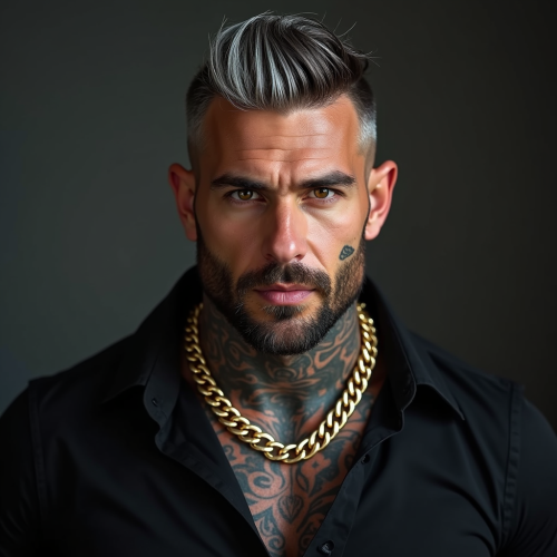 Stylish American Man with Beard and Neck Tattoos