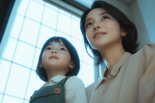 Stylish Japanese Mother and Daughter in Elegant Room