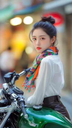 Stylish Japanese woman on motorcycle in city vibe