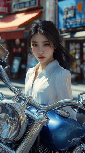 Stylish Japanese woman with Harley-Davidson in luxurious city