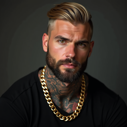 Stylish Muscular American Man with Neck Tattoos