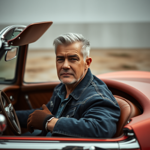 Stylish Older Man Driving Vintage Sports Car