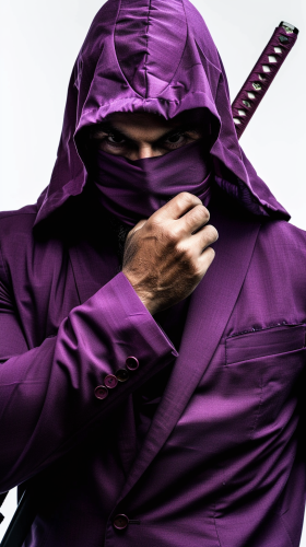 Stylish businessman ninja in purple suit contemplates with katana.