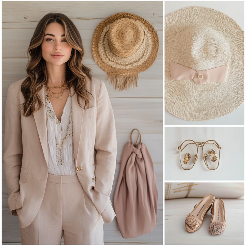 Stylish coastal attire for a brunette by the sea