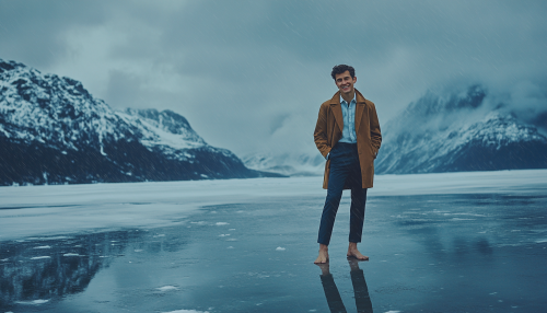 Stylish man in summer clothes smiling in icy rain