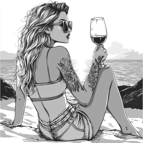 Stylish woman with wine at sunset by sea