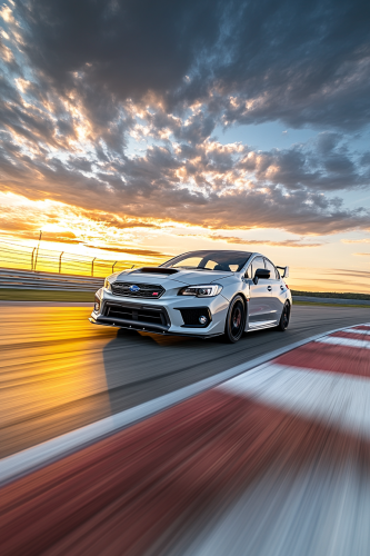 Subaru Impreza WRX racing at sunset on track.