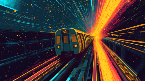 Subway Speeding Through Cosmic Night Sky