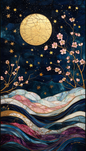Sun, moon, stars, opal stained glass, cherry blossoms. Sun, moon, stars, opal stained glass, cherry blossoms.
