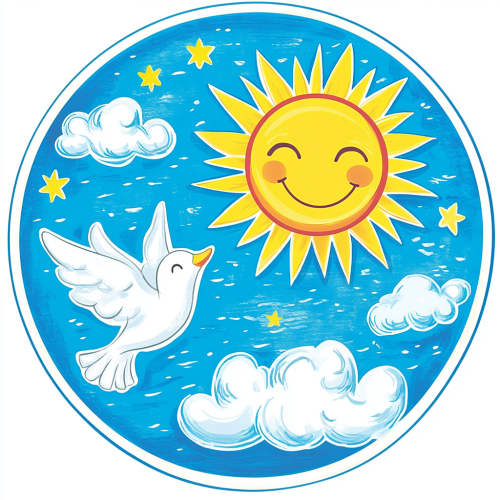 Sun, smile, dove, blue sky, white clouds logo design.