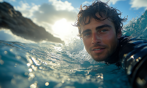 Sun shining on big blue wave splashing