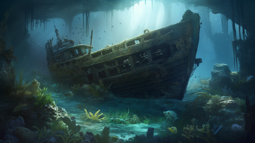 Sunken ship under moonlight in calm ocean