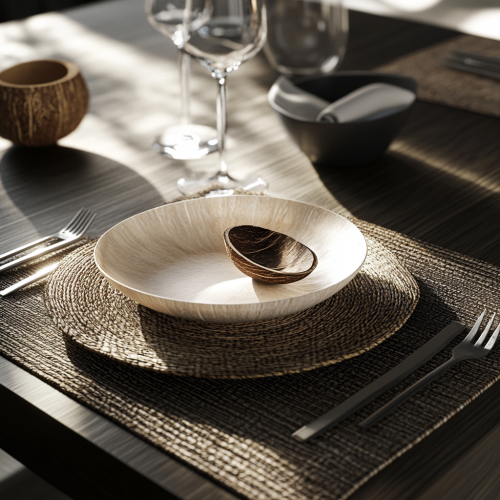 Sunlight on coconut flatware dining table scene
