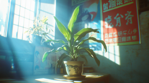 Sunlit Bird of Paradise Plant with Chinese Posters