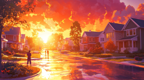 Sunlit suburban neighborhood, glistening homes, cheerful people.