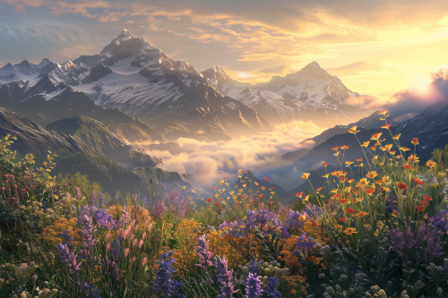 Sunrise over misty mountains, wildflowers, snow-capped peaks, 8K. Sunrise over misty mountains, wildflowers, snow-capped peaks, 8K.