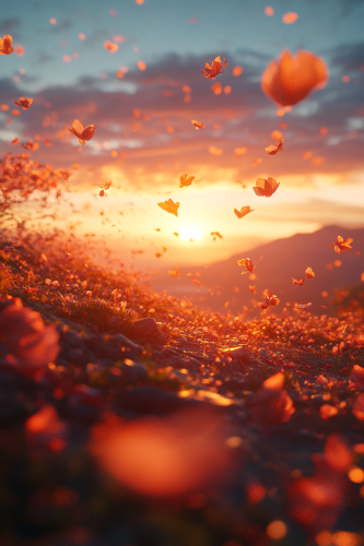 Sunset Landscape with Flower Petals in the Wind