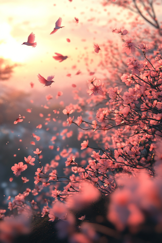 Sunset Serenity: Pink Birds Soar through Dreams
