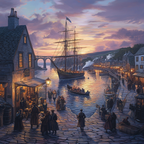 Sunset in Cornish Harbour: 18th Century Scene Sunset in Cornish Harbour: 18th Century Scene