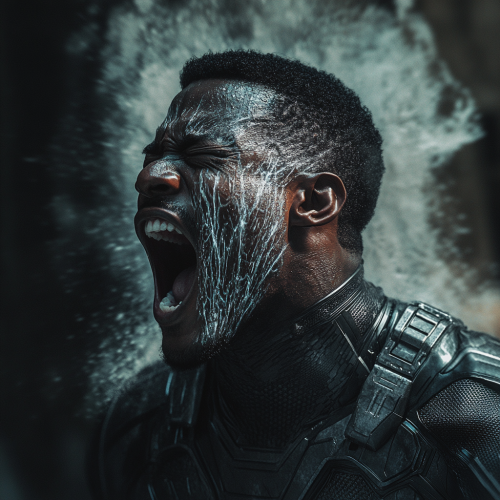 Superhero man yells with sound waves from mouth