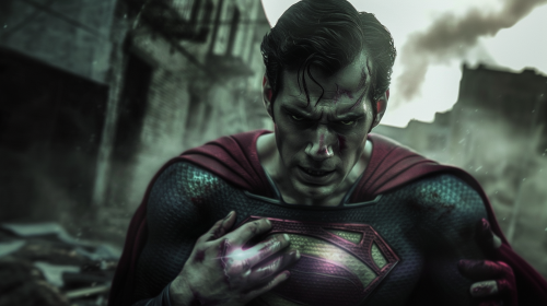 Superman looks scared at his sickly hands.