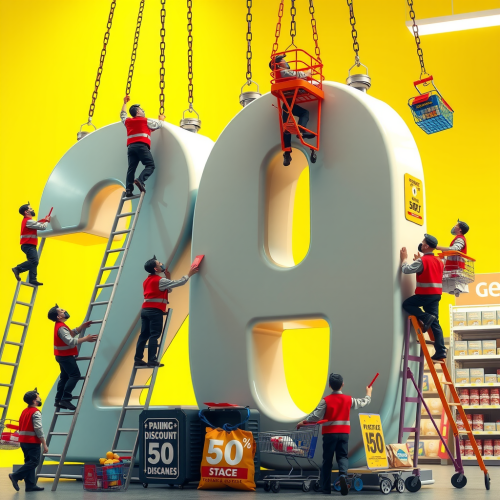 Supermarket Workers Assembling Giant Discount Number