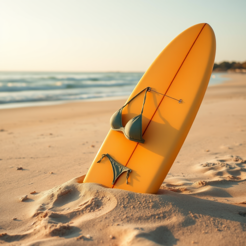 Surfboard in sand with bikini top hanging