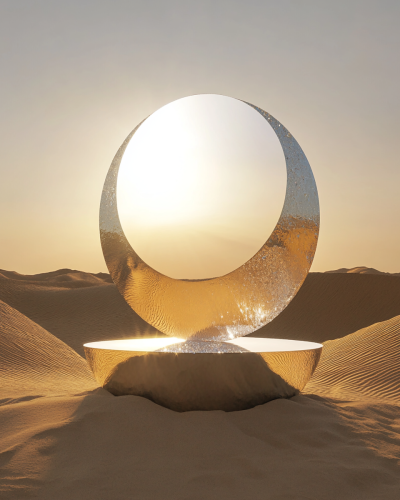 Surreal desert photo with crystal platform, sculpted sun, sunset.