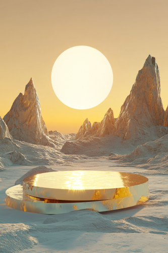 Surreal desert sunset with cosmic background, yellow crystal platform.