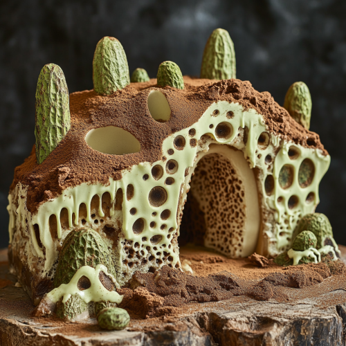 Surreal dessert sculpture with pistachio monsters and espresso