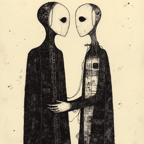 Surreal illustration of intimate figures in high-tech attire.