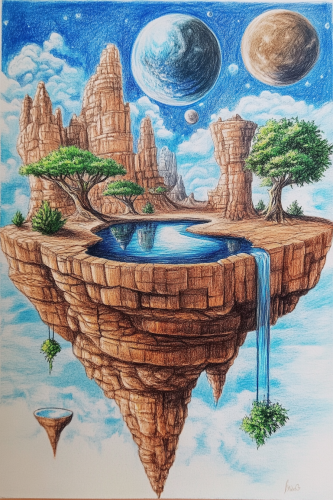 Surreal landscape with mirror leaf trees, changing sky scenes.