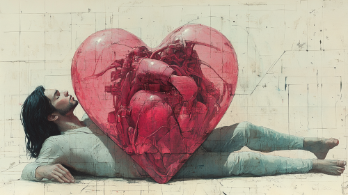 Surreal pastel collage with heart on man's chest. Surreal pastel collage with heart on man's chest.