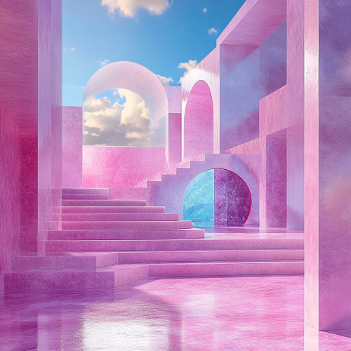Surreal pastel landscape with geometric shapes and futuristic scene.