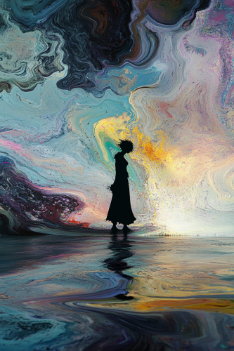 Surreal silhouette floats in colorful sky and water